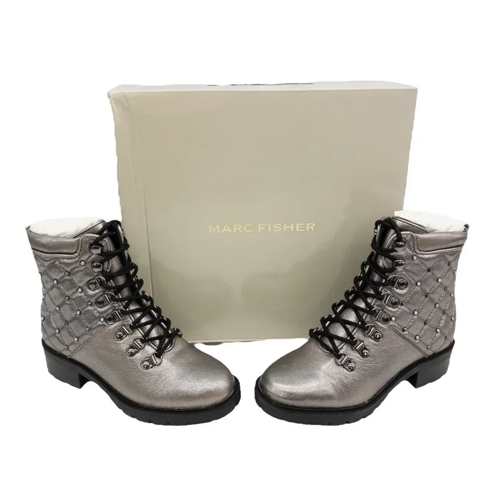 Marc Fisher Silver Metallic Lug Sole Quilted Studded Lace Up Combat Boots Size 5